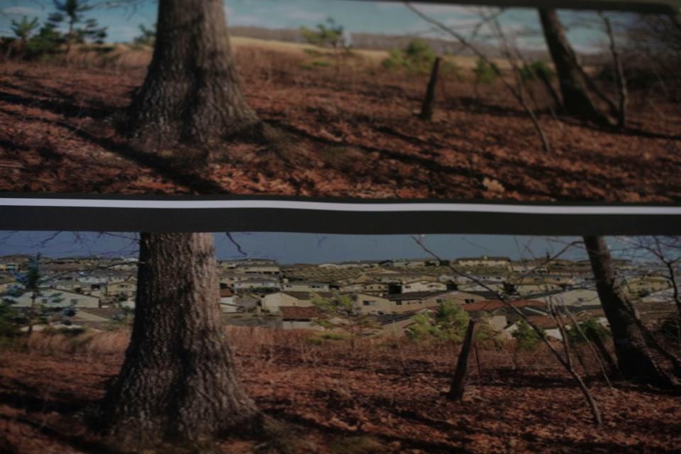 Loblolly Pine Alliance’s posters depicting where  development will take place, sit on picnic tables at Bowie Nature Park in Fairview, Tenn., Thursday, May 12, 2022.