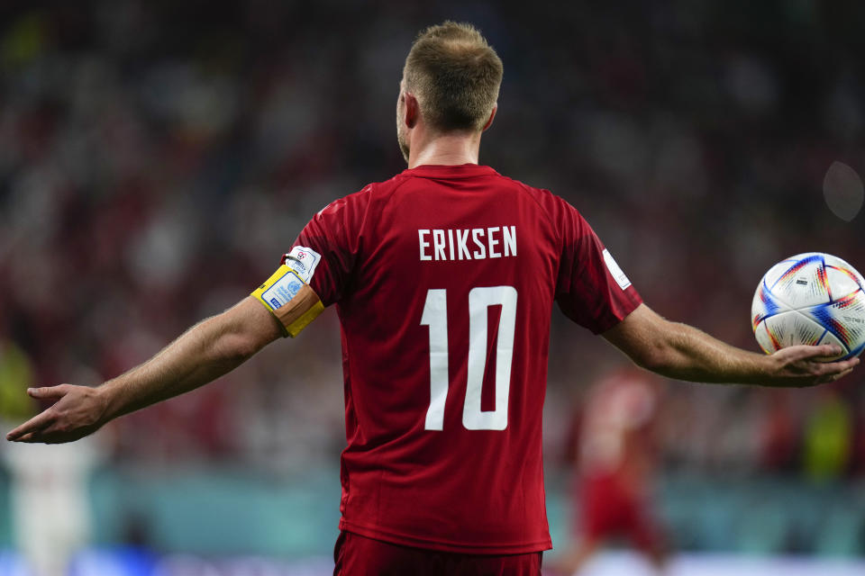 Denmark's Christian Eriksen gestures during the World Cup group D soccer match between Denmark and Tunisia, at the Education City Stadium in Al Rayyan, Qatar, Tuesday, Nov. 22, 2022. (AP Photo/Manu Fernandez)