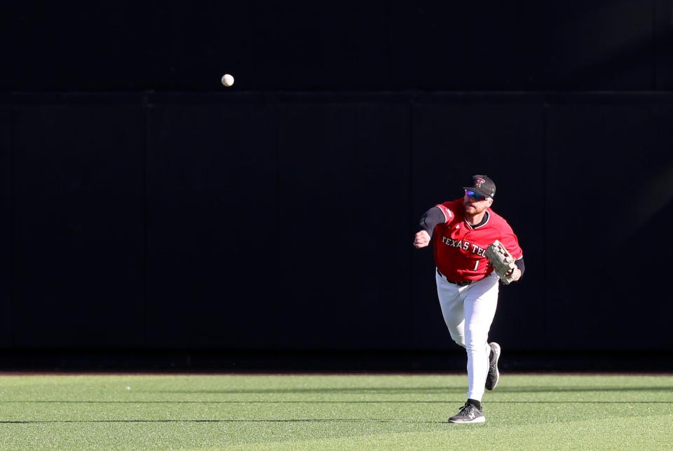 Texas Tech's outfielder Dillon Carter (1) throws the ball against Gonzaga in game two of the baseball series, Saturday, Feb. 18, 2023, at Rip Griffin Park at Dan Law Field. 