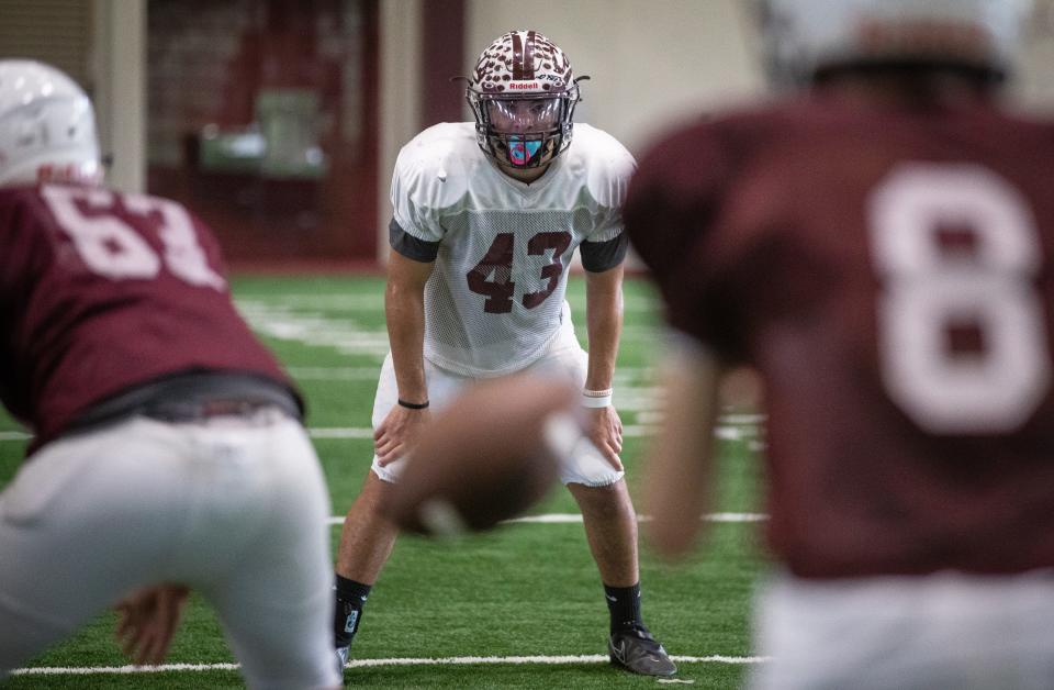 Calallen's linebacker Colten Calloway watches the snap during practice on Wednesday, Oct. 13, 2021, at Calallen High School in Corpus Christi.