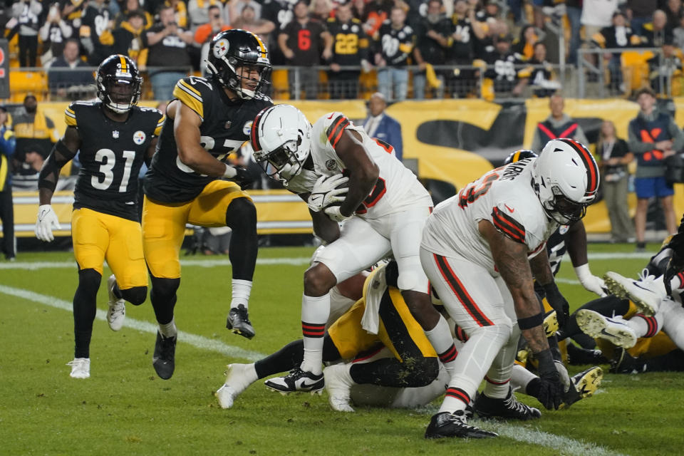 Cleveland Browns running back Pierre Strong Jr. scores a rushing touchdown during the second half of an NFL football game against the Pittsburgh Steelers Monday, Sept. 18, 2023, in Pittsburgh. (AP Photo/Gene J. Puskar)