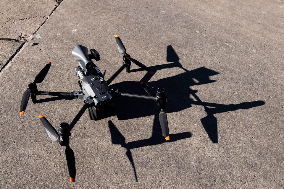 A DJI drone sits on the pavement at the fire training center during a training in Fort Collins, Colo., on Friday, Dec. 23, 2023.