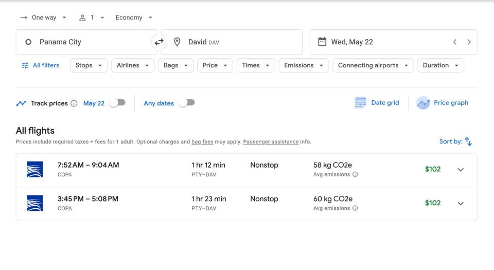 A screenshot of the flight options between Panama City and David, Panama.