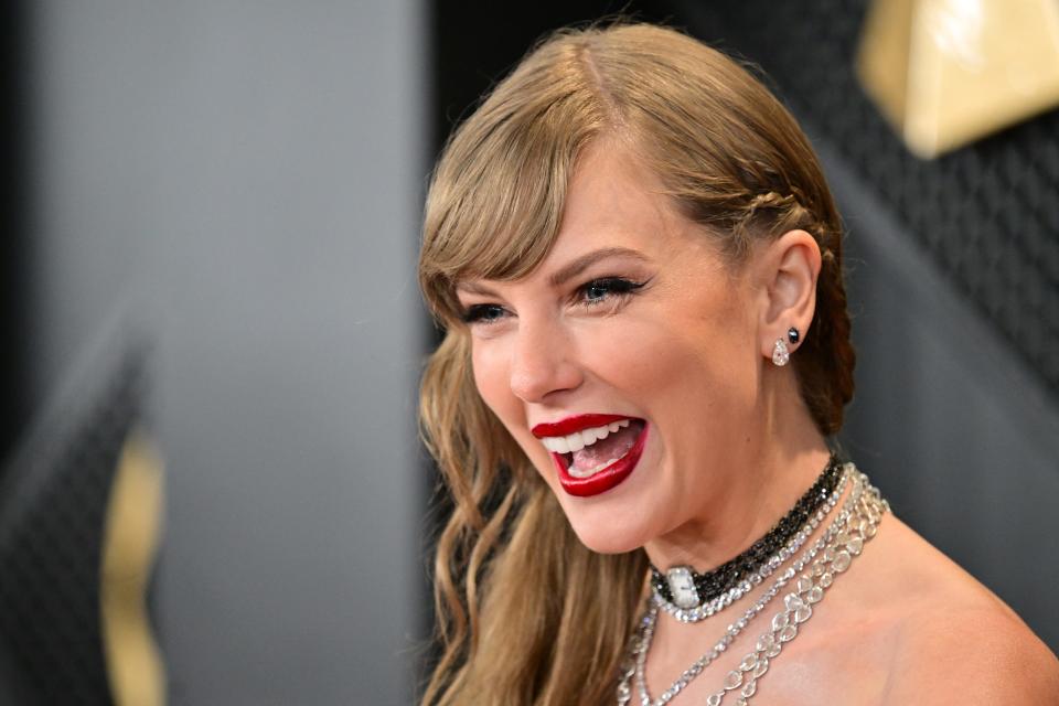 Taylor Swift arrives at the Grammy Awards in Los Angeles on Feb. 4.