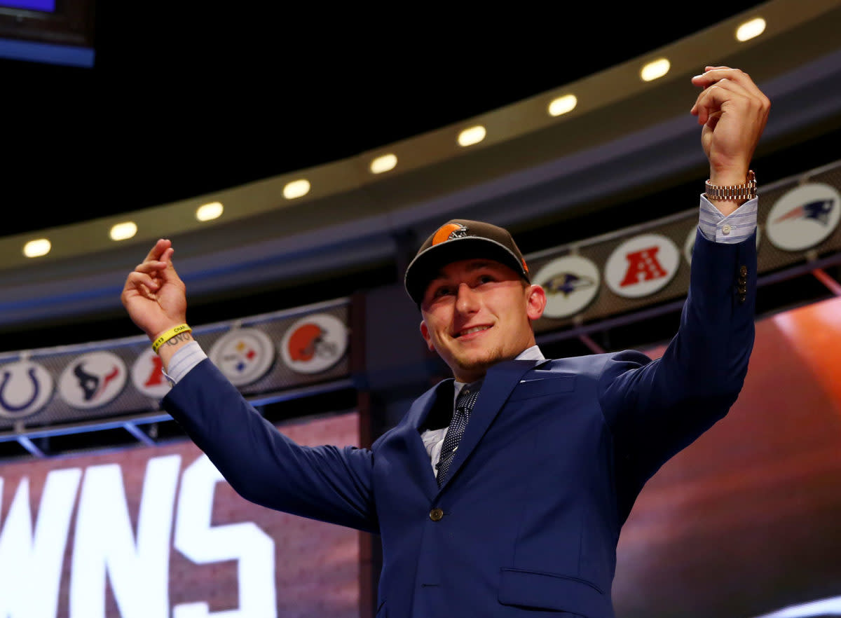 Johnny Manziel of the Texas A&M Aggies takes the stage after he was picked #22 overall by the Cleveland Browns.