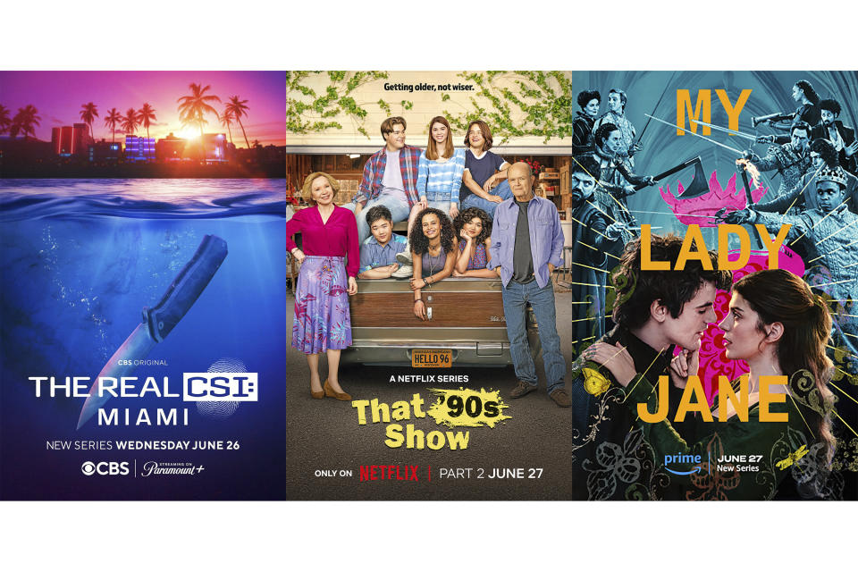 This combination of images shows promotional art for the series "The Real CSI: Miami," left, the comedy series "That 90s Show," center, and the series "My Lady Jane." (CBS/Netflix/Prime via AP)