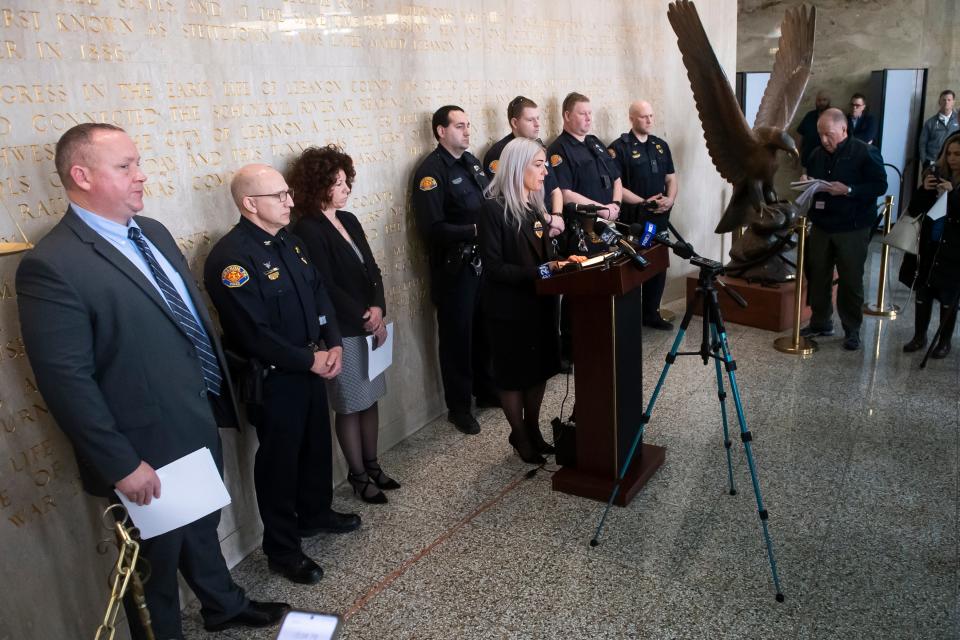 Lebanon County District Attorney Pier Hess Graf speaks during a press conference at the Lebanon County and City Building on Friday, April 1, 2022. 