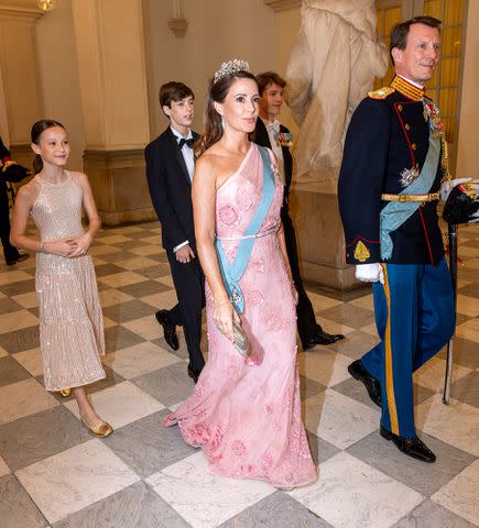 <p>Patrick van Katwijk/Getty Images</p> Countess Athena, Count Henrik, Count Felix, Princess Marie and Prince Joachim enter Prince Christian's 18th birthday gala at Christiansborg Palace on October 15