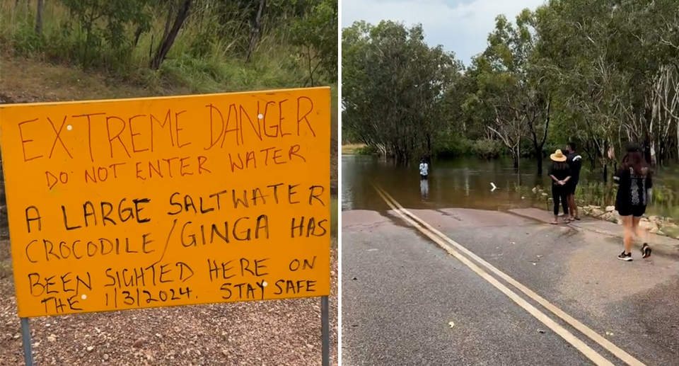 Left - a crocodile warning sign. Right - People watching a fisherman wading in water near the sign.