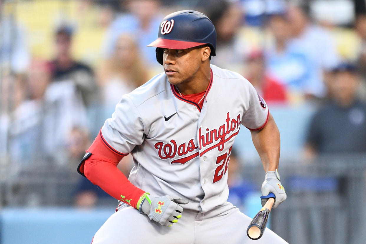 LOS ANGELES, CA - JULY 26: Washington Nationals right fielder Juan Soto (22) looks on during the MLB game between the Washington Nationals and the Los Angeles Dodgers on July 26, 2022 at Dodger Stadium in Los Angeles, CA. (Photo by Brian Rothmuller/Icon Sportswire via Getty Images)