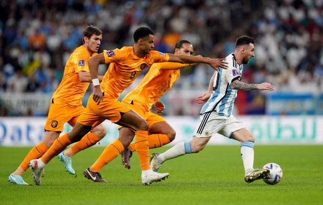 Argentina captain Lionel Messi accelerates away from Netherlands trio Cody Gakpo, Marten De Roon and Virgil Van Dijk during the World Cup quarter-finals. The Paris St Germain star has been in fine form in Qatar to help his country reach the final. He claimed a sensational assist, as well as his fourth goal of the tournament, in the tense penalty shootout triumph over the Dutch