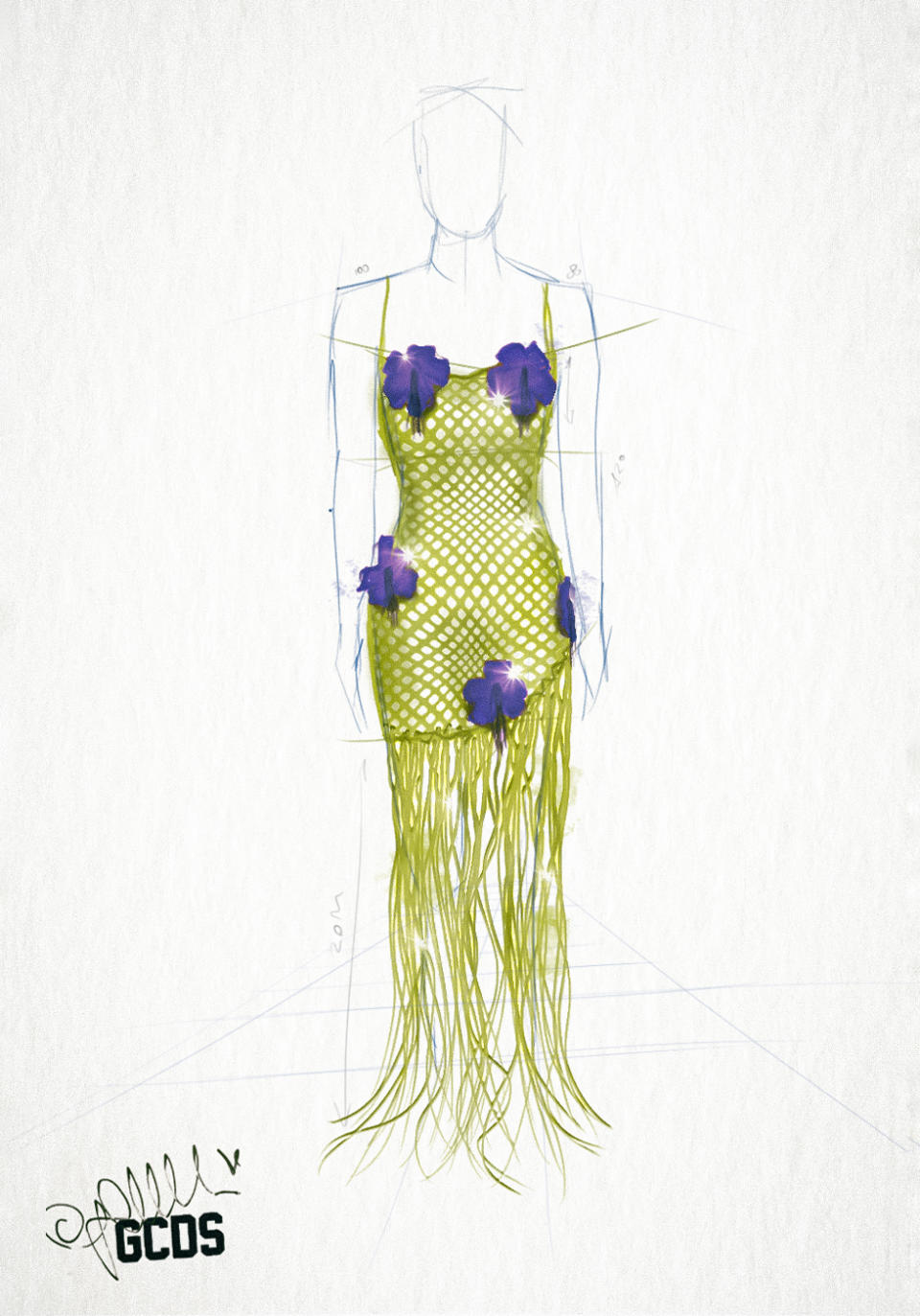 An exclusive sketch of a look from the GCDS spring 2023 collection to be unveiled in Milan.