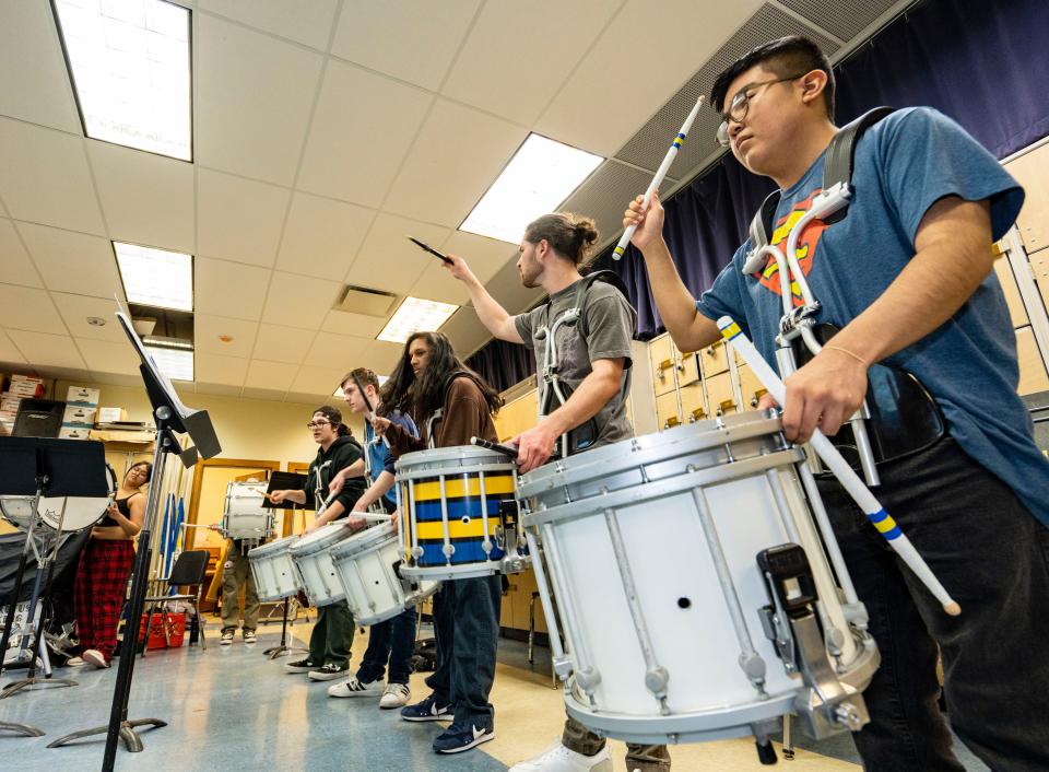 Students run through drills April 24 at Rufus King High School in Milwaukee as they prepare for the MPS 50th Biennial Music Festival. The festival is May 1 and 2 at UW-Milwaukee Panther Arena.