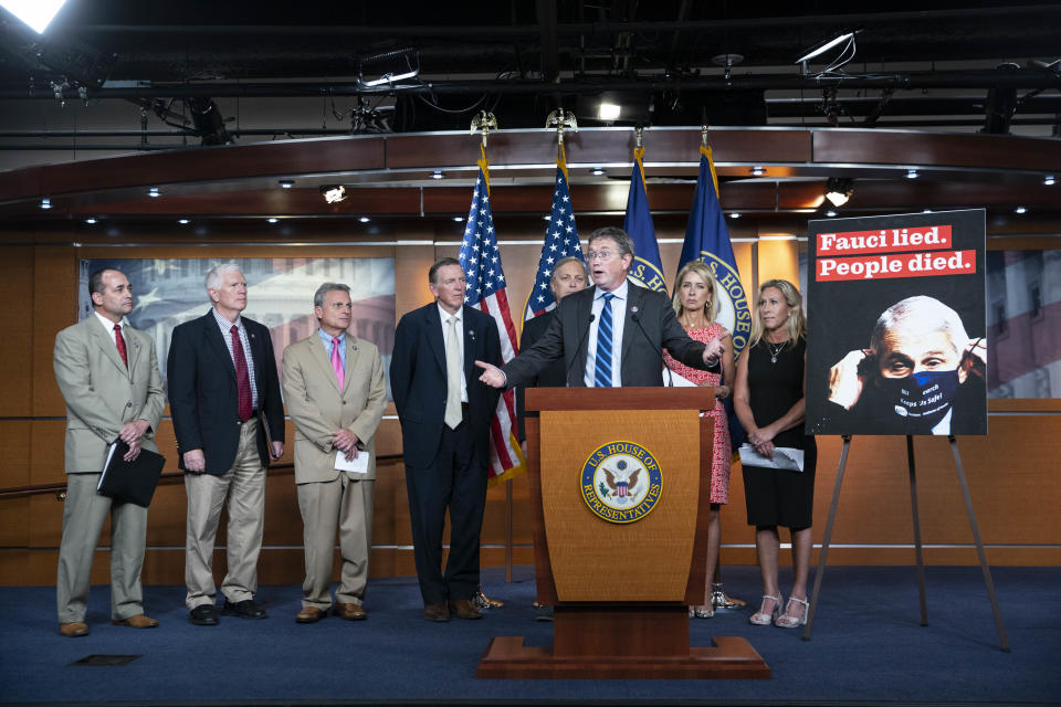 Representative Thomas Massie, a Republican from Kentucky, speaks during a news conference held to call for the firing of Anthony Fauci at the U.S. Capitol in Washington, D.C., U.S., on Tuesday, June 15, 2021. (Sarah Silbiger/Bloomberg via Getty Images)