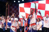 Soccer Football - World Cup - The Croatia team return from the World Cup in Russia - Zagreb, Croatia - July 16, 2018 Croatia's Dejan Lovren and Sime Vrsaljko on stage REUTERS/Antonio Bronic