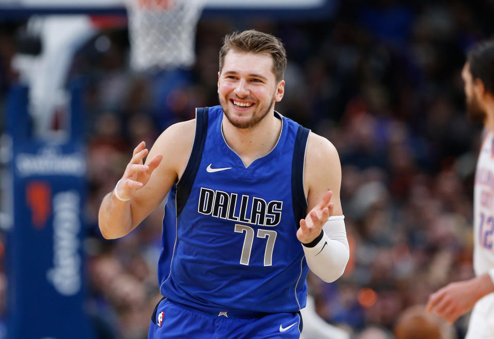 Dec 31, 2019; Oklahoma City, Oklahoma, USA; Dallas Mavericks forward Luka Doncic (77) smiles during the second half against the Oklahoma City Thunder at Chesapeake Energy Arena. Oklahoma City won 106-101. Mandatory Credit: Alonzo Adams-USA TODAY Sports