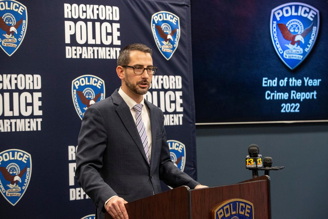 Mayor Tom McNamara speaks during the End of the Year crime report of 2022 on Tuesday, Jan. 24, 2023, at Rockford Police Department District 3 station in Rockford.