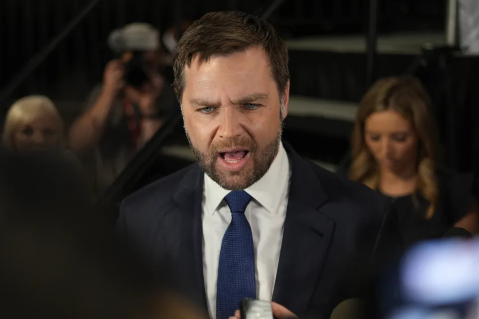 Sen. J.D. Vance, R-Ohio, speaks to reporters in the spin room after a presidential debate between President Joe Biden and Republican presidential candidate former President Donald Trump in Atlanta, Thursday, June 27, 2024. (AP Photo/Pablo Martinez Monsivais)