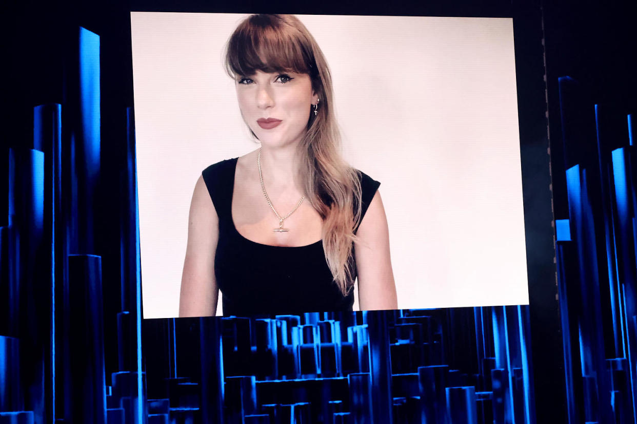 Taylor Swift onscreen during the 2024 iHeartRadio Music Awards at Dolby Theatre on April 1, 2024 in Hollywood. (Amy Sussman / Getty Images)
