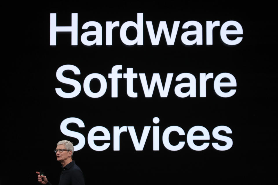 SAN JOSE, CALIFORNIA - JUNE 03: Apple CEO Tim Cook delivers the keynote address during the 2019 Apple Worldwide Developer Conference (WWDC) at the San Jose Convention Center on June 03, 2019 in San Jose, California. The WWDC runs through June 7. (Photo by Justin Sullivan/Getty Images)