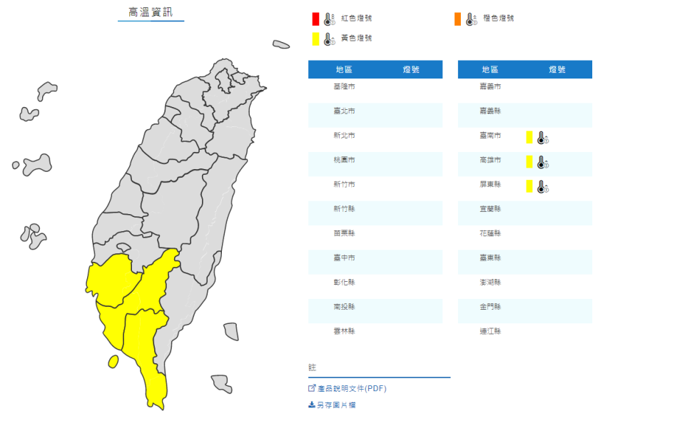 中央氣象局發布高溫特報，明天(14日)中午前後台南市、高雄市、屏東縣近山區或河谷地區為黃色燈號，南部近山區平地可能出現36度以上高溫，其餘各地白天高溫29至34度。(取自氣象局)