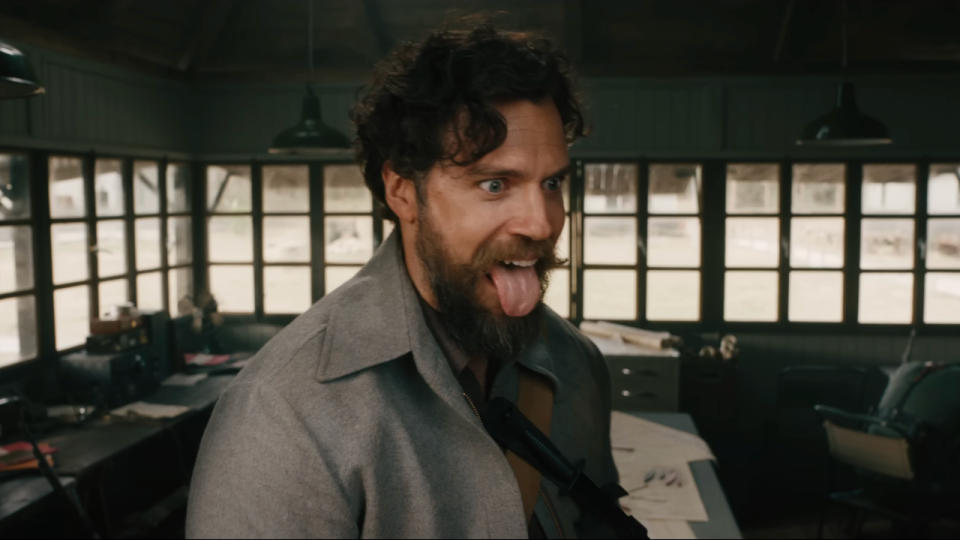 Henry Cavill making a wild face in The Ministry Of Ungentlemanly Warfare.