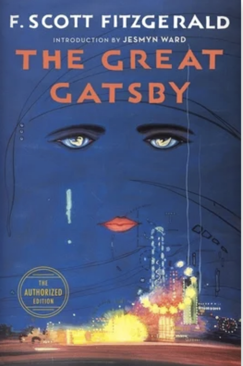 Cover of "The Great Gatsby" by F. Scott Fitzgerald with a stylized face over a cityscape