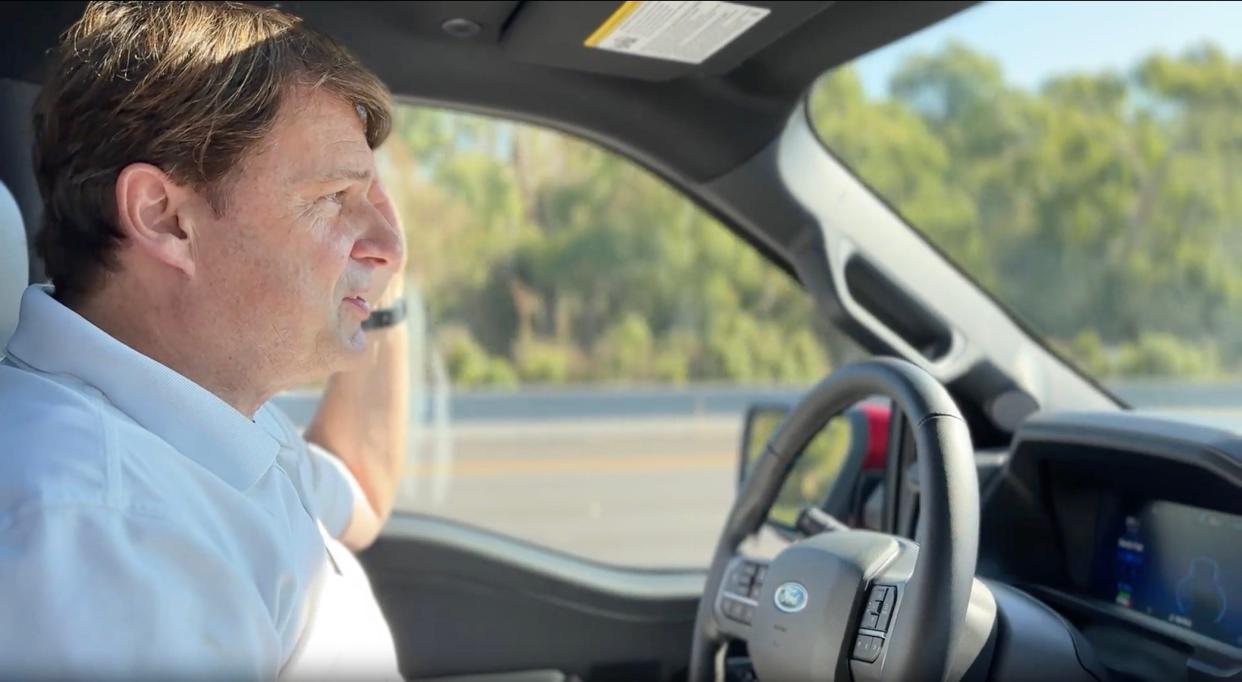 Ford CEO Jim Farley drove through the Central Valley of California, known for its rich farmland,  in an F-150 Lightning on Monday, August 7, 2023 as part of a three-day listening tour.