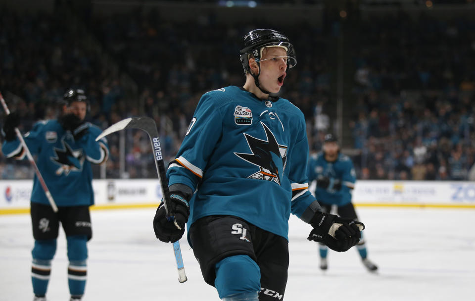 San Jose Sharks' Antti Suomela (40) celebrates after scoring goal against the Nashville Predators in the first period of an NHL hockey game in San Jose, Calif., Tuesday, Nov. 13, 2018. (AP Photo/Josie Lepe)