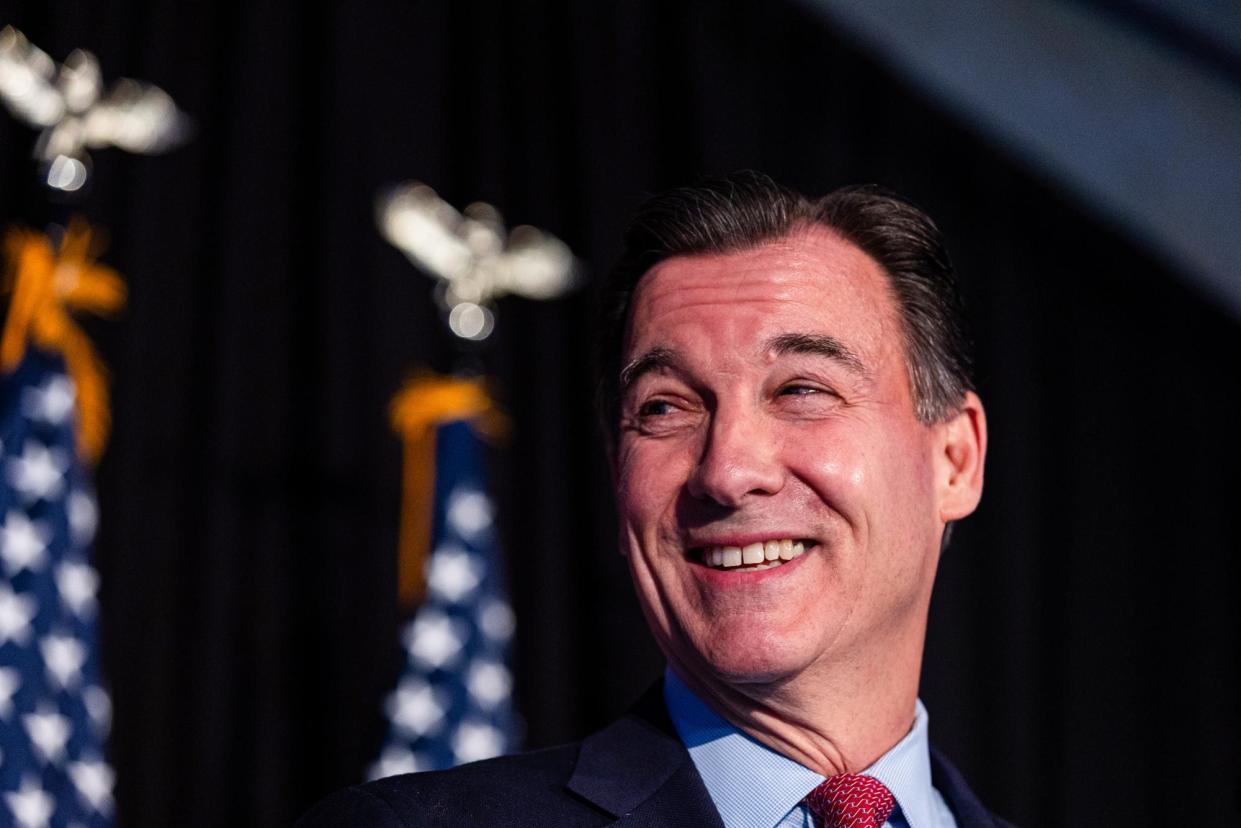 <span>Tom Suozzi speaks after winning Tuesday’s special election for the third congressional district seat in Woodbury, New York.</span><span>Photograph: Shawn Inglima/New York Daily News via Getty IMages</span>