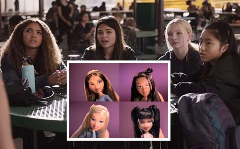 Screenshot from "Barbie" with Bratz dolls for comparison