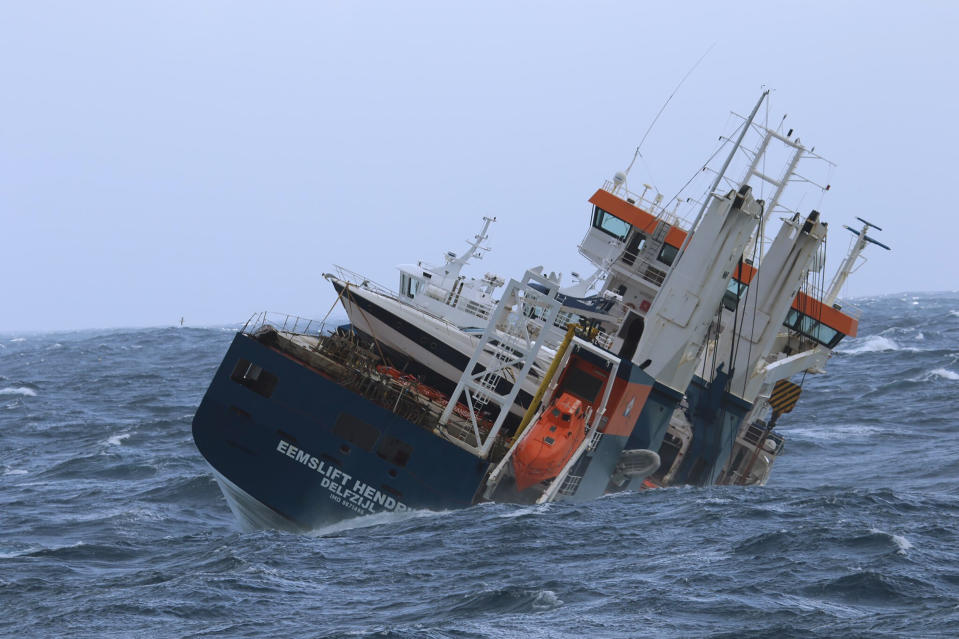 The unmanned Dutch cargo ship Eemslift Hendrika rolls in heavy seas, carrying heavy oil and diesel on board in the Norwegian Sea about 130 kilometers (80 miles) off the coast of Alesund. The crew was evacuated following a distress call from the vessel, and the Norwegian Coastal Administration said Tuesday they have dispatched a coast guard ship to inspect the situation. (Coast Guard Ship Sortland / NTB via AP)