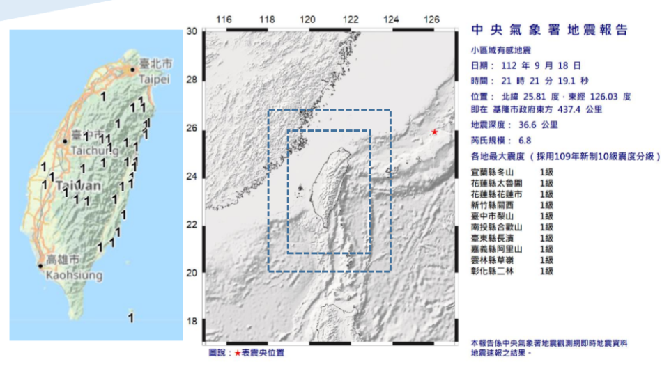 中央氣象署也針對基隆、宜蘭及新北3個縣市發出國家級警報，但各縣市震度都只有一級，氣象署地震測報中心今天(19日)表示，這是因為震央超過台灣地震監測網的防守線外一個經度，因此有些失準。(中央氣象署提供)