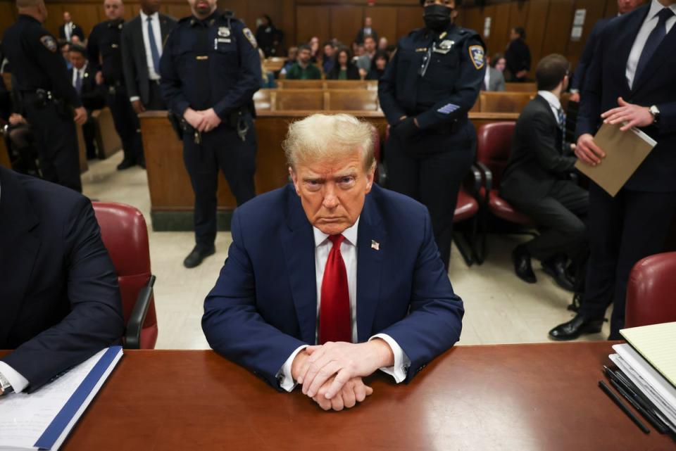 Donald Trump sits at the defence table in a Manhattan criminal courtroom on 23 April. (Getty Images)