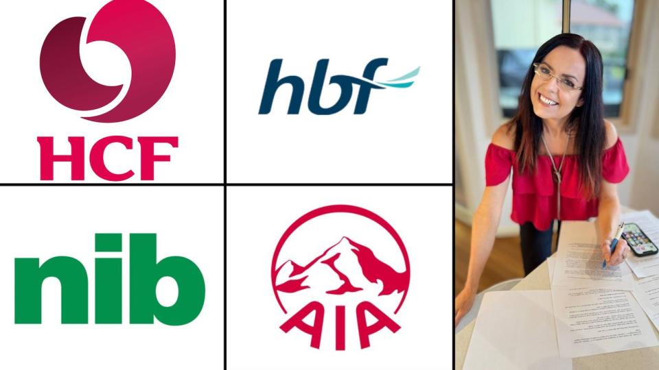 Compilation image of health fund logos HCF, HBF, NIB, AIA and Nicole Pedersen-McKinnon