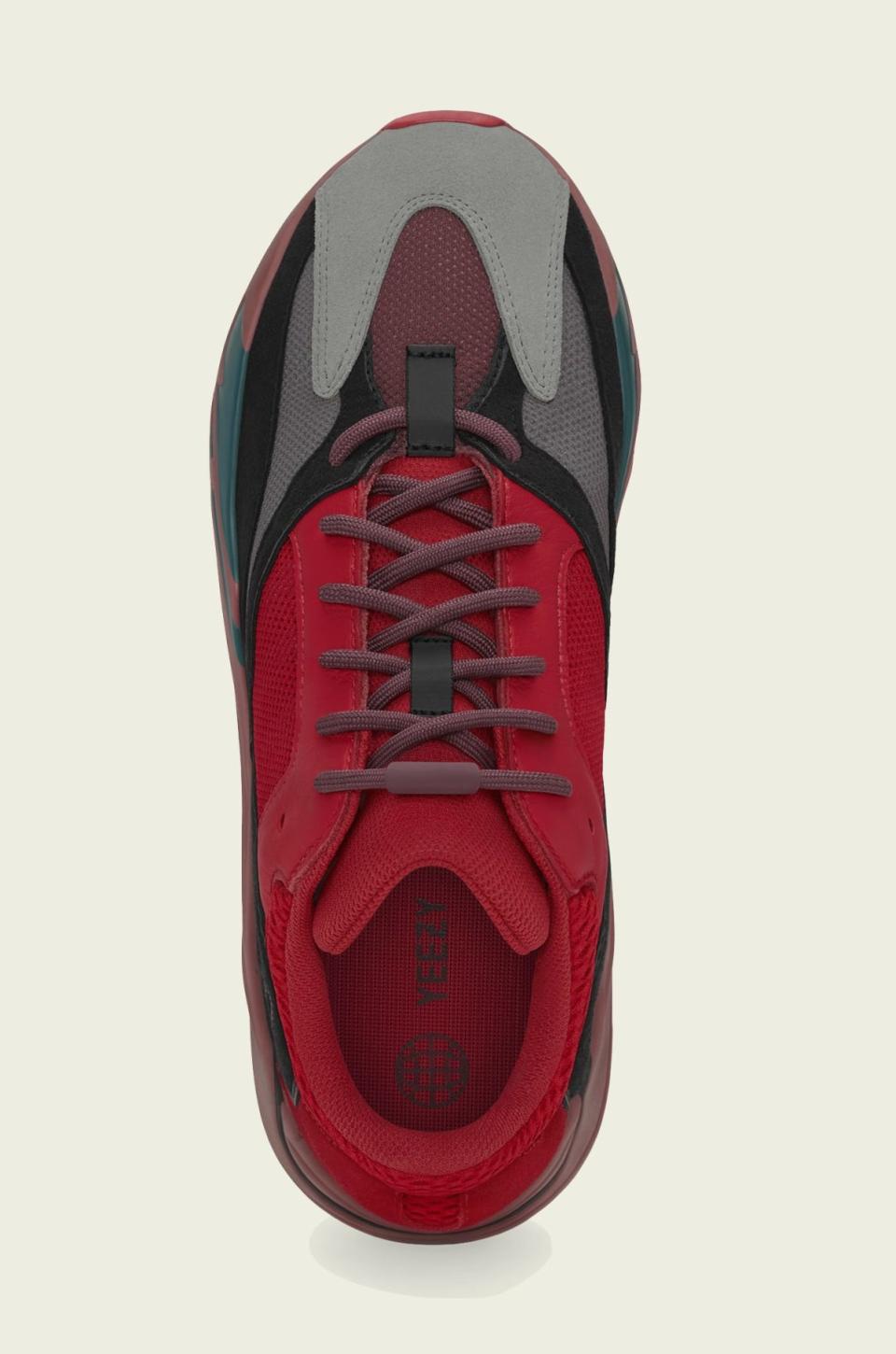 A top-down view of the Adidas Yeezy Boost 700 “Hi-Res Red.” - Credit: Courtesy of Adidas