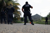 In this Oct. 3, 2019 photo, police stand guard on the outskirts of Tepalcatepec, Michoacan state, Mexico. The region's avocado boom, fueled by soaring U.S. consumption, has drawn parts of western Mexico out of poverty in just 10 years. The scent of money also brought extortion, kidnappings, cartels and avocado theft. (AP Photo/Marco Ugarte)