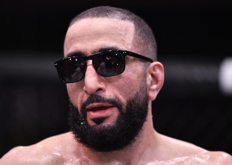 LAS VEGAS, NEVADA - FEBRUARY 13: Belal Muhammad reacts after his victory over Dhiego Lima of Brazil in their welterweight fight during the UFC 258 event at UFC APEX on February 13, 2021 in Las Vegas, Nevada. (Photo by Jeff Bottari/Zuffa LLC)