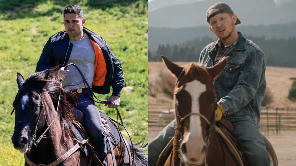  Side by side of NCIS' Torres riding a horse and Yellowstone's Jimmy riding a horse. 