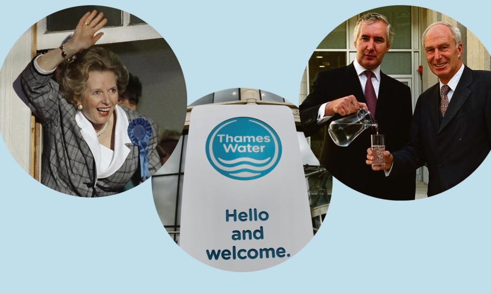 <span>Left, Margaret Thatcher celebrates her election victory in 1987, paving the way for water privatisation two years later; centre, the company’s HQ in Caversham; right, Bill Alexander, former chief executive of Thames Water with Dietmar Kuhnt of RWE, celebrate RWE’s takeover of Thames in 2000.</span><span>Composite: Gerald Penny/AP; Geoffrey Swaine/Shutterstock; Isobel Matthews/PA</span>