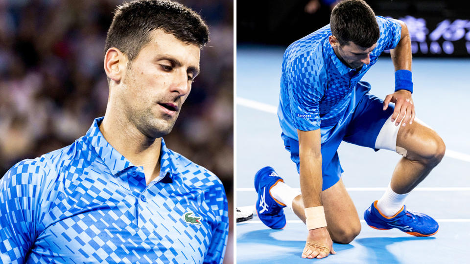 Novak Djokovic looks down on the left, and gets up after stumbling on the right.