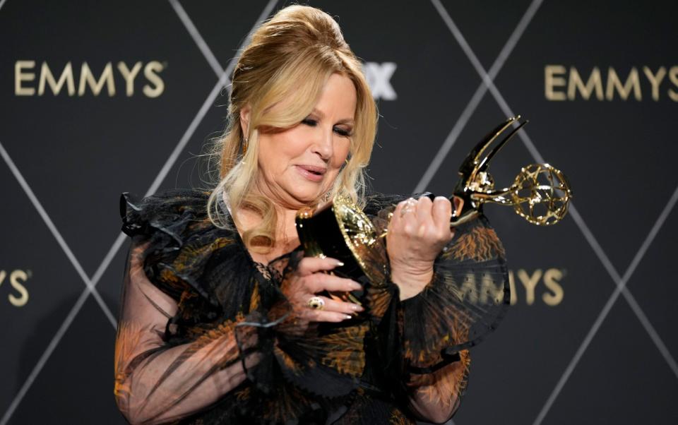 Jennifer Coolidge, winner of the award for outstanding supporting actress in a drama series for "The White Lotus," poses in the press room during the 75th Primetime Emmy Awards