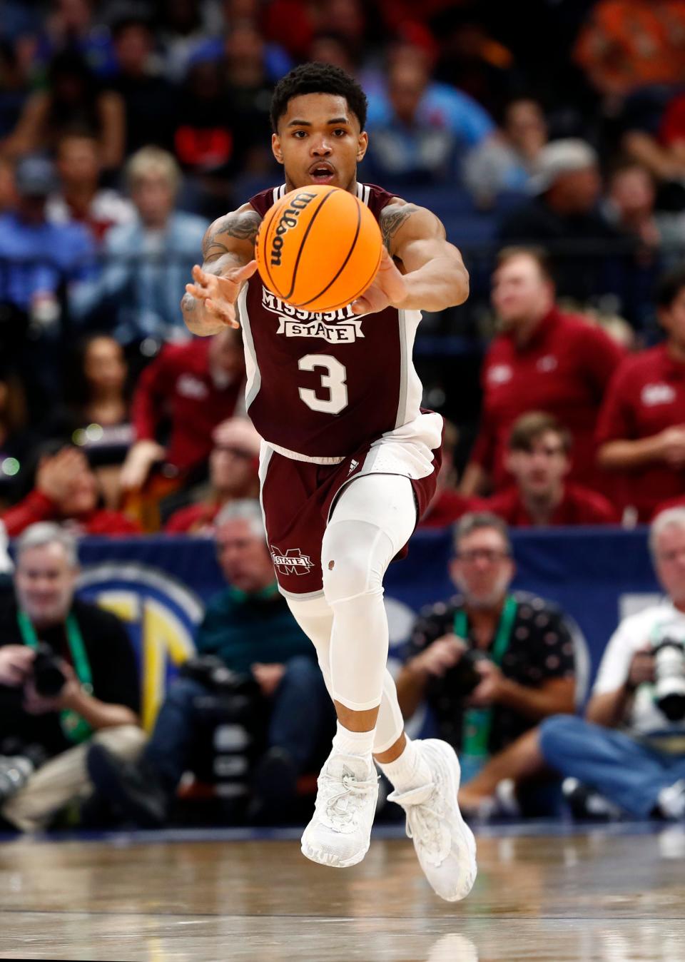 Mar 10, 2022; Tampa, FL, USA; Mississippi State Bulldogs guard Shakeel Moore (3) passes the ball against the South Carolina Gamecocks during the second half at Amalie Arena. Mandatory Credit: Kim Klement-USA TODAY Sports