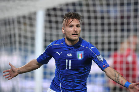 Football Soccer - Italy v Albania - World Cup 2018 Qualifiers - Group G - Renzo Barbera stadium, Palermo, Italy - 24/3/17. Italy's Ciro Immobile celebrates after scoring. REUTERS/Alberto Lingria