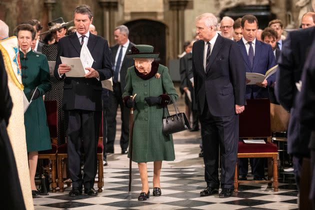 Queen Elizabeth II arrives in Westminster Abbey accompanied by Prince Andrew on March 29. (Photo: WPA Pool via Getty Images)