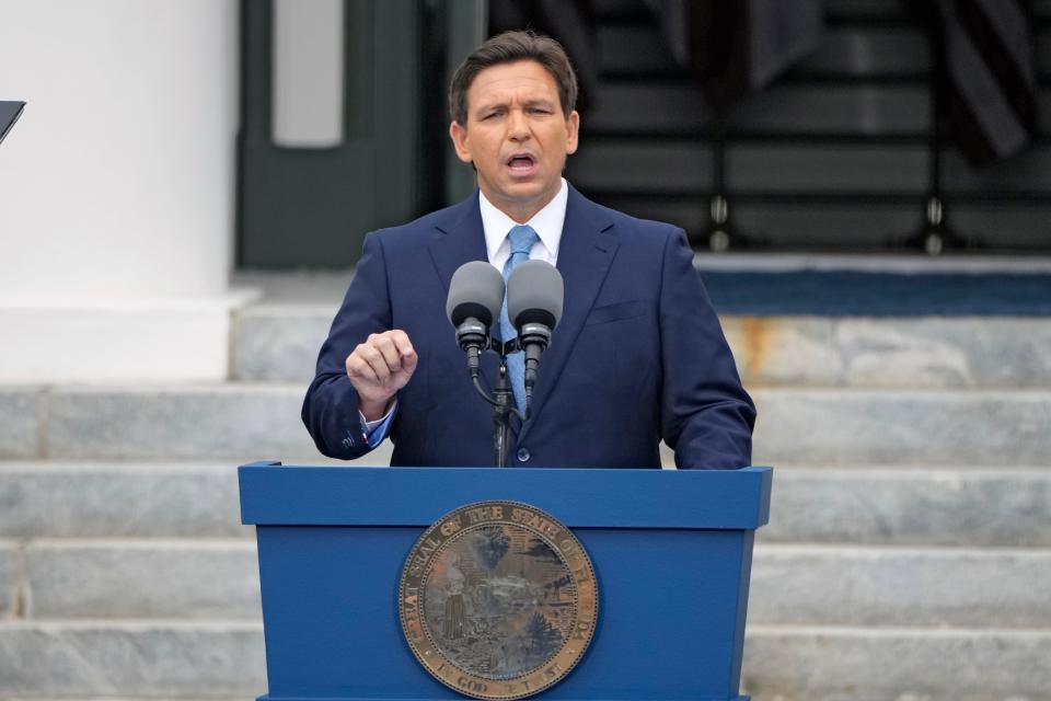 Florida Gov. Ron DeSantis speaks to the crowd after being sworn in to begin his second term during an inauguration ceremony outside the Old Capitol Tuesday, Jan. 3, 2023, in Tallahassee, Fla.