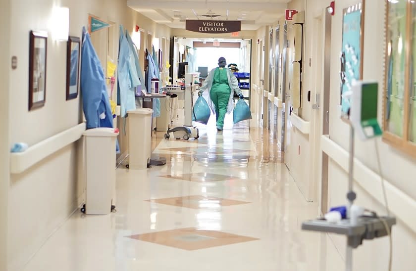 A view of the hallway inside Phoebe Memorial Hospital in Albany, Georgia. Far from the big coastal hubs of Seattle, Los Angeles and New York, a hospital in Albany, Ga., is struggling to treat a community afflicted with one of the fiercest coronavirus rates, per capita, in the nation.