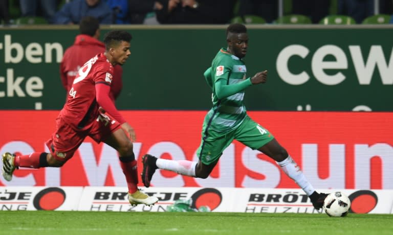 Ousman Manneh outpaces Leverkusen defender Wendell in Bremen, on October 15, 2016