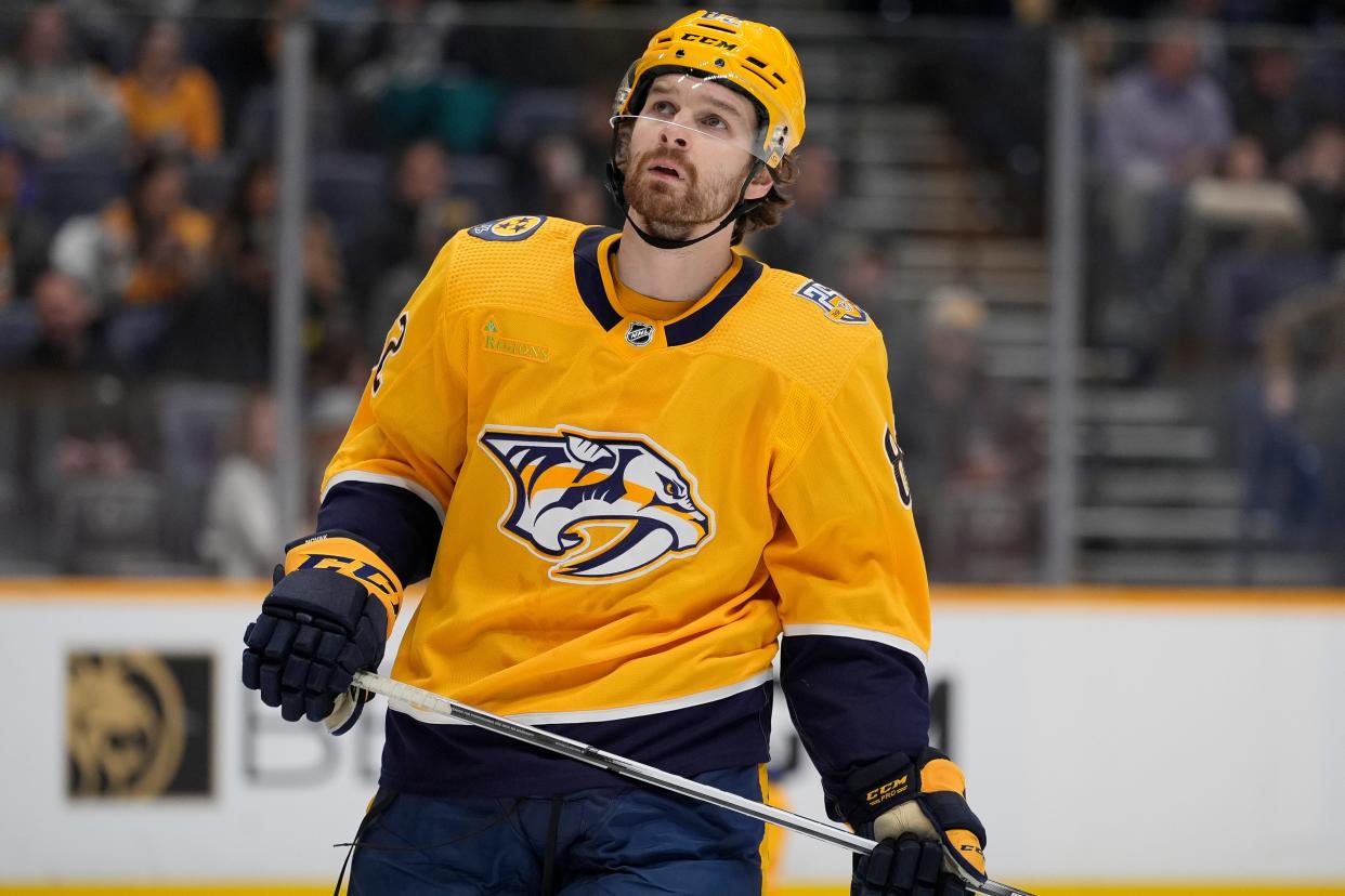 Nashville Predators center Tommy Novak (82) plays during the first period of an NHL hockey game against the Los Angeles Kings, Wednesday, Jan. 31, 2024, in Nashville, Tenn.