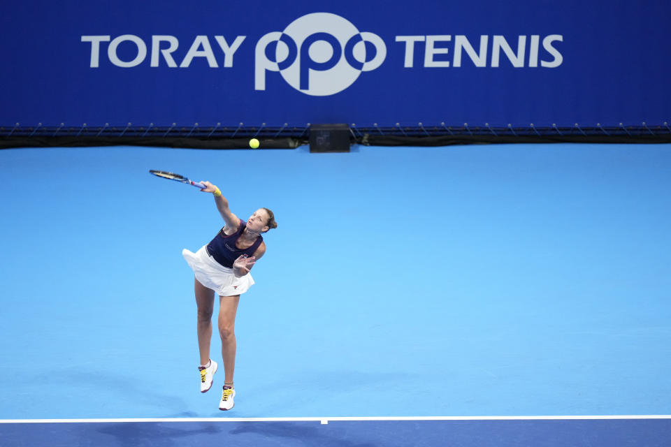 Karolina Pliskova of the Czech Republic serves against Isabella Shinikova of Bulgaria during a singles match in the Pan Pacific Open tennis tournament in Tokyo, Tuesday, Sept. 20, 2022. (AP Photo/Hiro Komae)